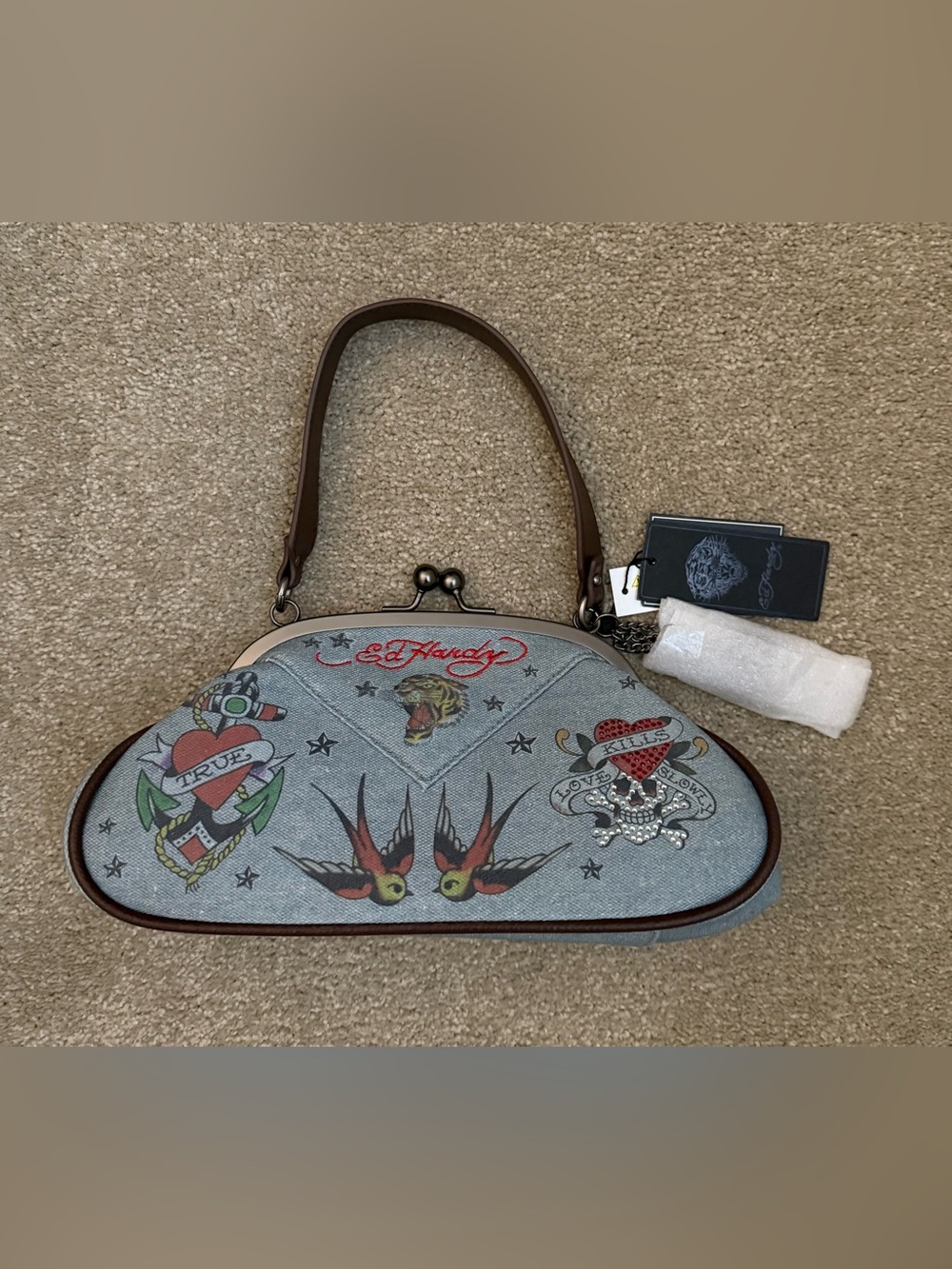 NWT Ed Hardy Tattoo Print Denim Canvas Kisslock Shoulder Bag Handbag Dome